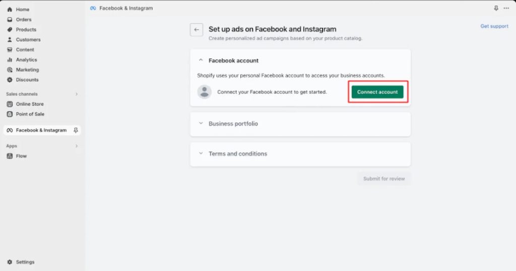 Shopify Admin – Facebook & Instagram channel setup screen